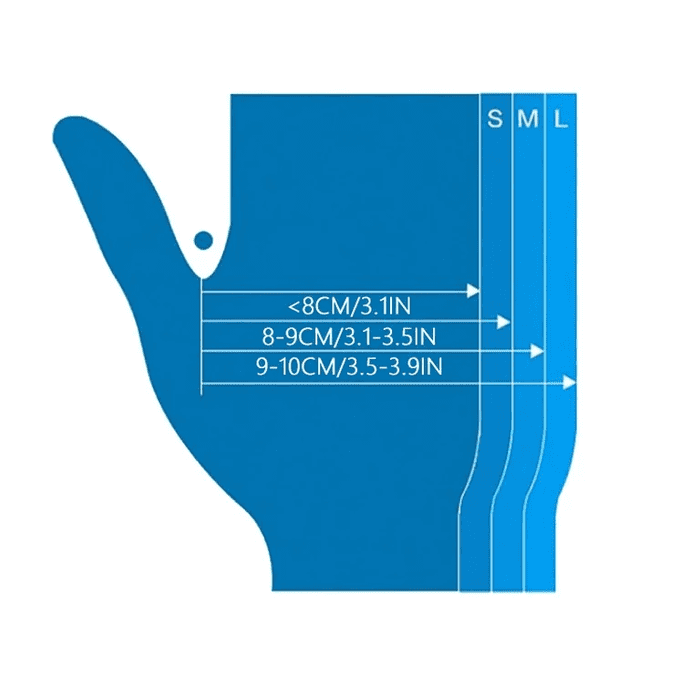 Kích thước găng tay size S, M, L dựa theo chiều rộng lòng bàn tay