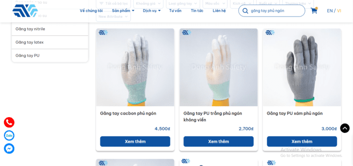 Sản phẩm găng tay phủ ngón được bán trên website donganhsafety.com.vn