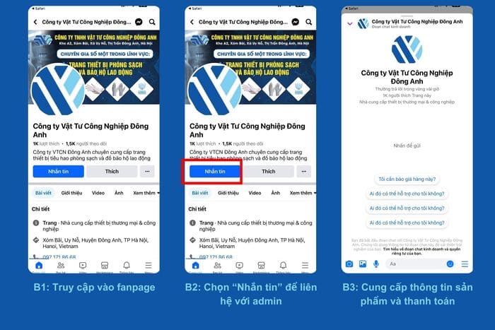 Các bước mua găng tay phủ ngón xám trên fanpage Vật tư Công nghiệp Xclean