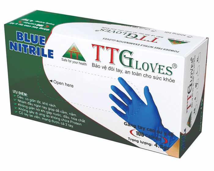 Găng tay y tế loại dài Nitrile TTGloves 24cm nổi bật với chất liệu cao su nhân tạo chống tĩnh điện an toàn khi sử dụng (Nguồn ảnh: Sưu tầm)