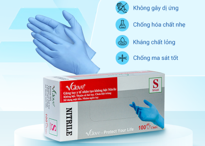 Găng tay y tế nitrile xanh không bột VGlove 50 đôihộp, Giá Tốt