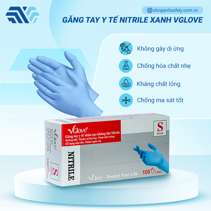 Găng tay y tế nitrile xanh không bột VGlove 50 đôihộp, Giá Tốt