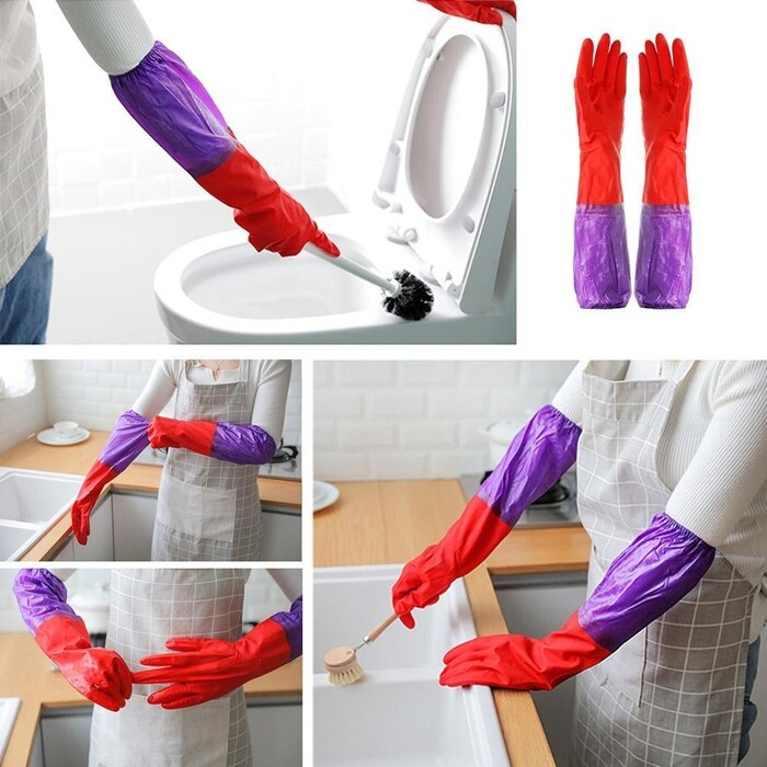 Găng tay bỏ chun đỏ tím có độ dài 45 cm vừa phải, phù hợp với nhiều đối tượng khác nhau