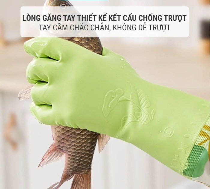 Lòng găng tay được thiết với kết cấu chống trơn trượt giúp người dùng thoải mái cầm nắm những sản phẩm dễ tuột, trơn như cá