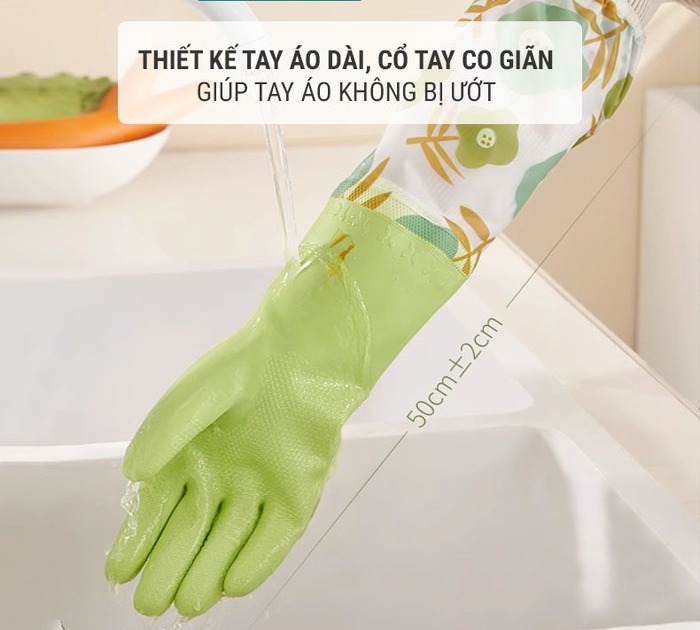 Găng tay cao su siêu dày xanh lá độ dài khoảng 50cm giúp tay áo không bị ướt
